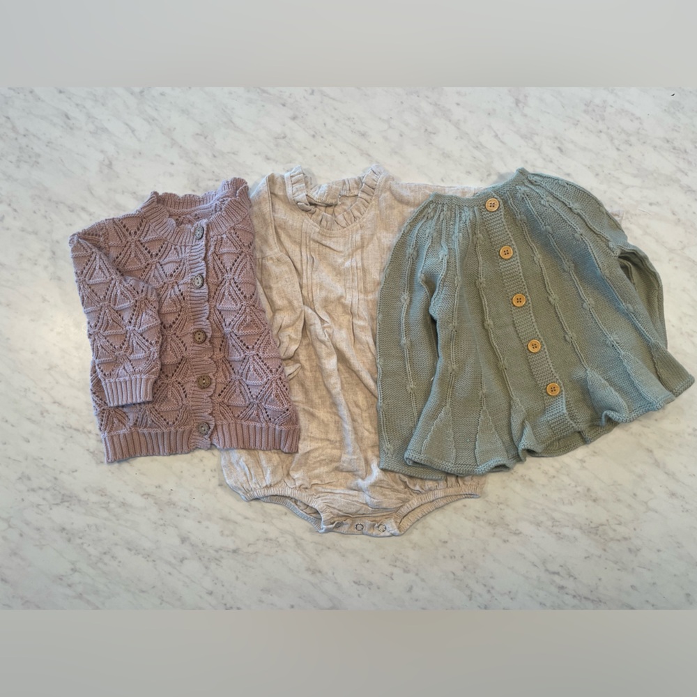 Set of Three -2 sweaters and One- one piece for baby approximately 9-12 months